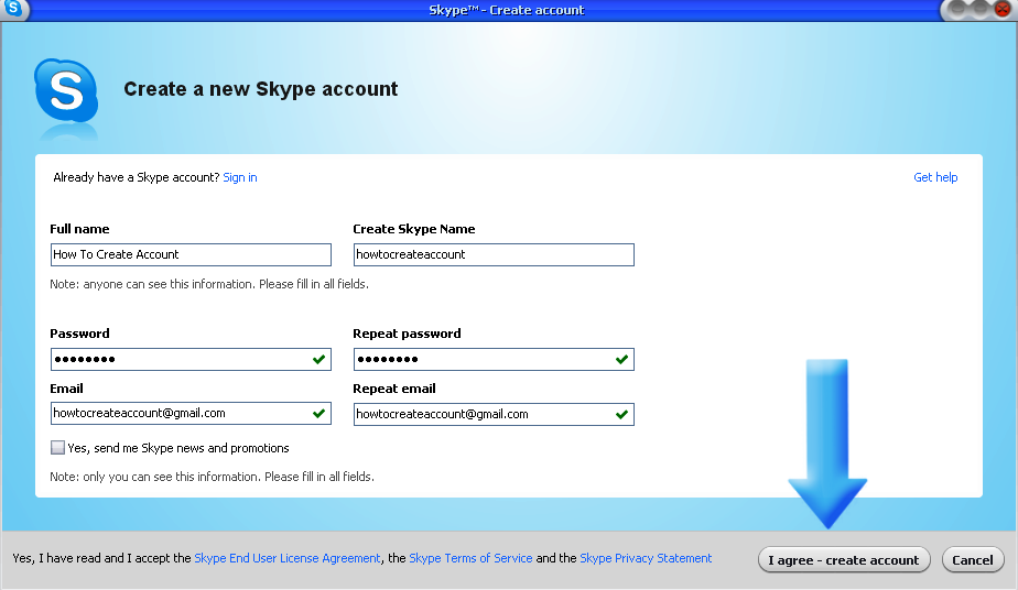 Create a new skype account